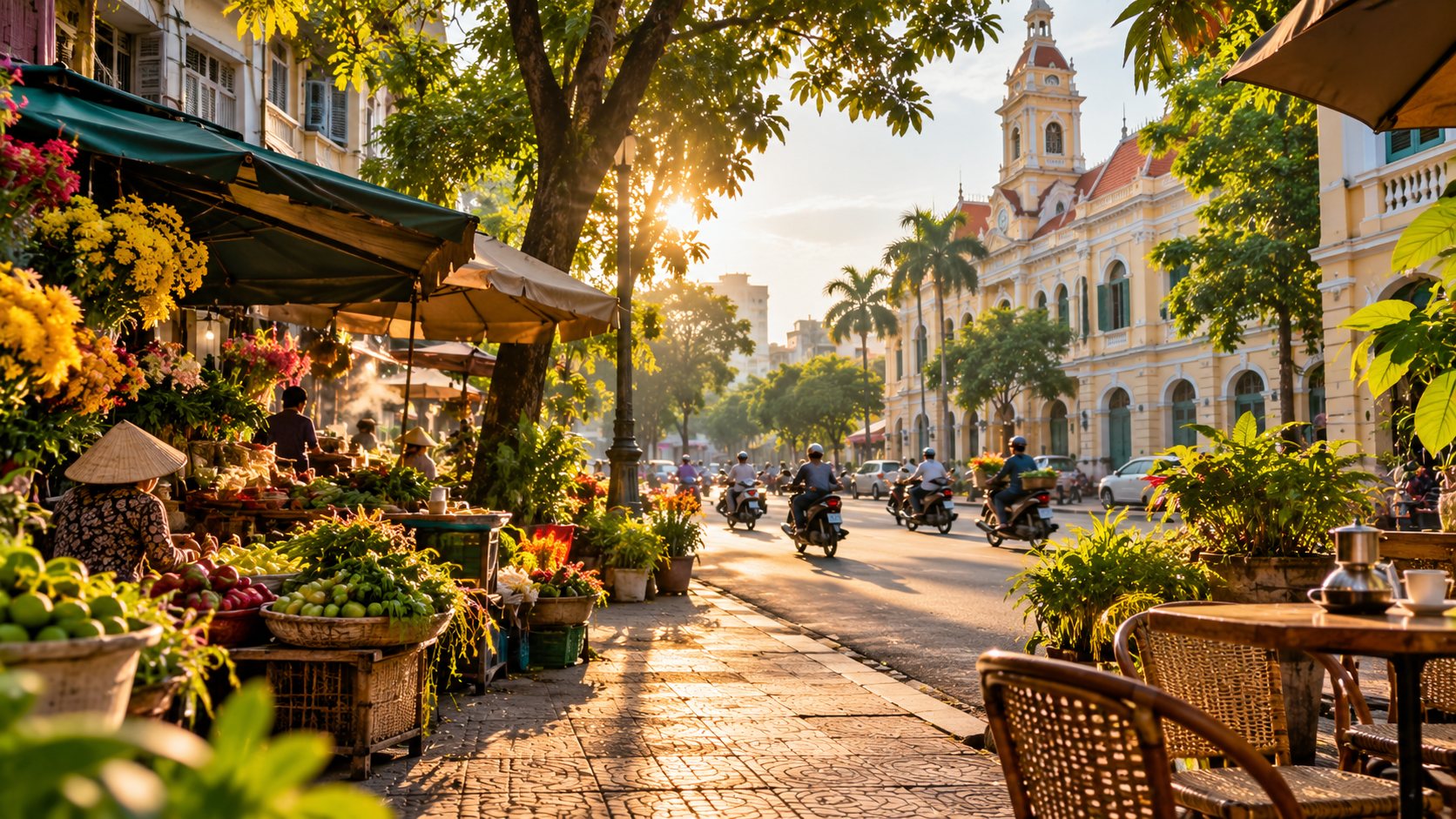 Saigon morning market and colonial architecture in warm light